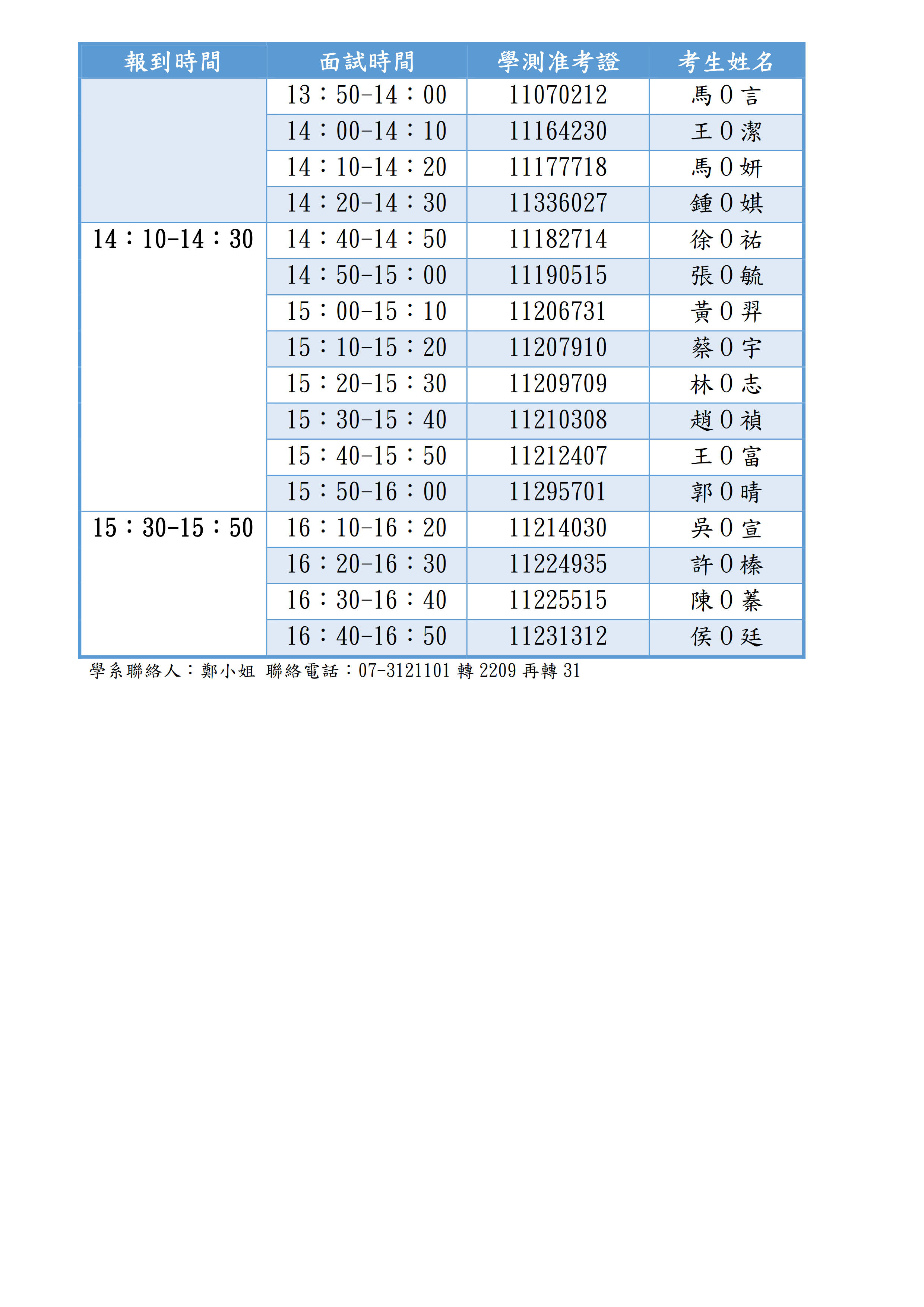115學年度口腔衛生學系個人面試時間表公告 2
