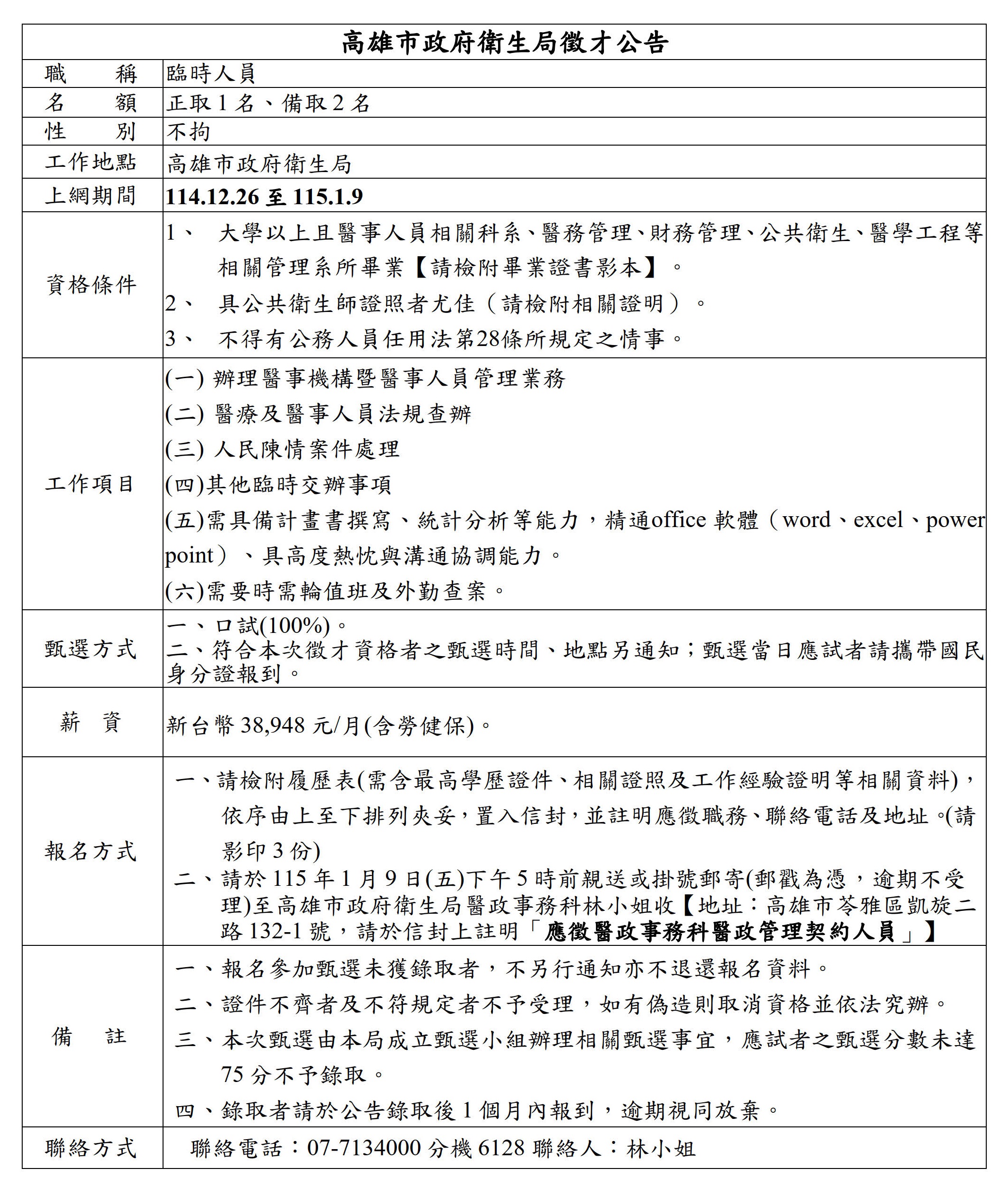 高雄市政府衛生局徵才公告